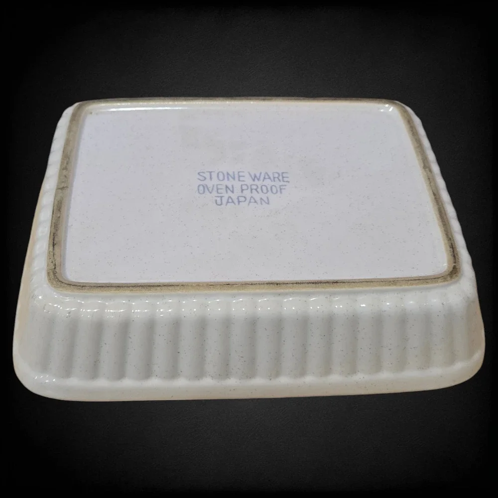 Vintage Stoneware Cream Speckled Japan Ribbed Mini Baking Dish Casserole Pan
